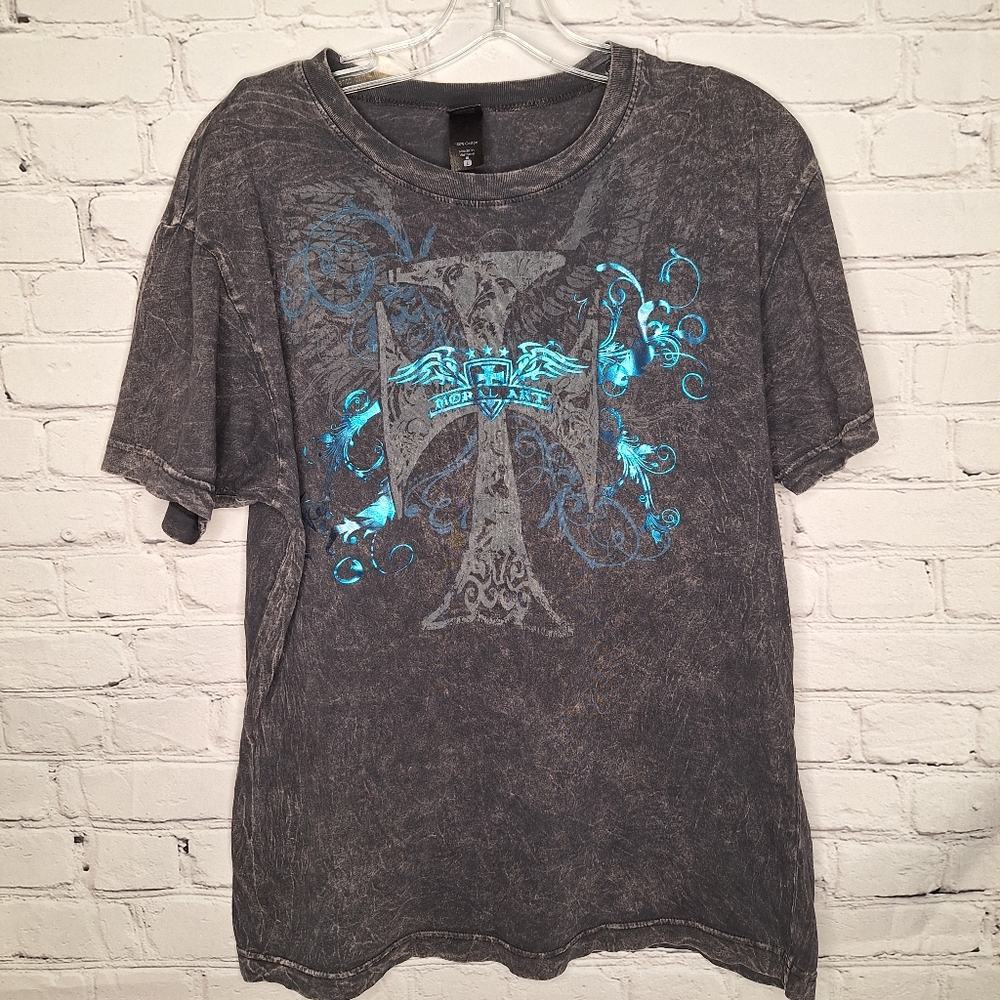 Alternative Vintage Black Tye Dye Metallic Blue Graphic Moral Art Cross Large